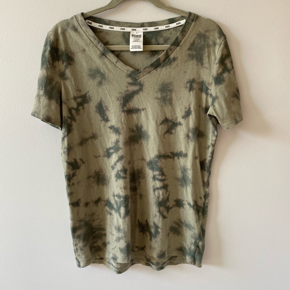 PINK Green Tie Dye V Neck Tee